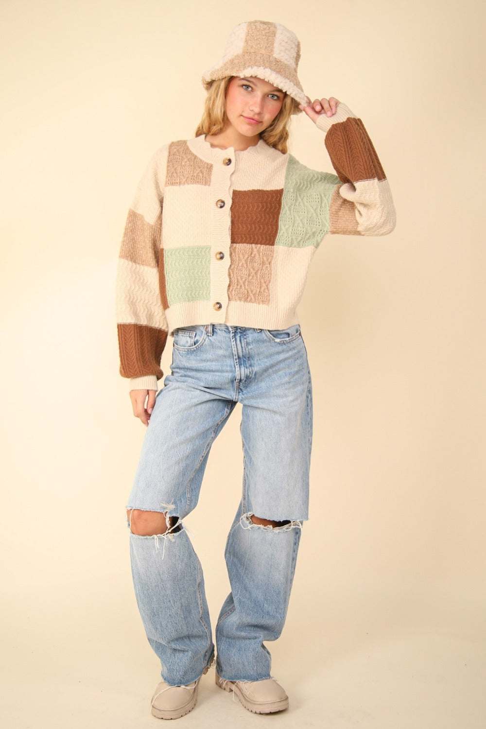 Color Block Button Down Textured Sweater Cardigan with drop shoulder and crop length in multicolor blocks.