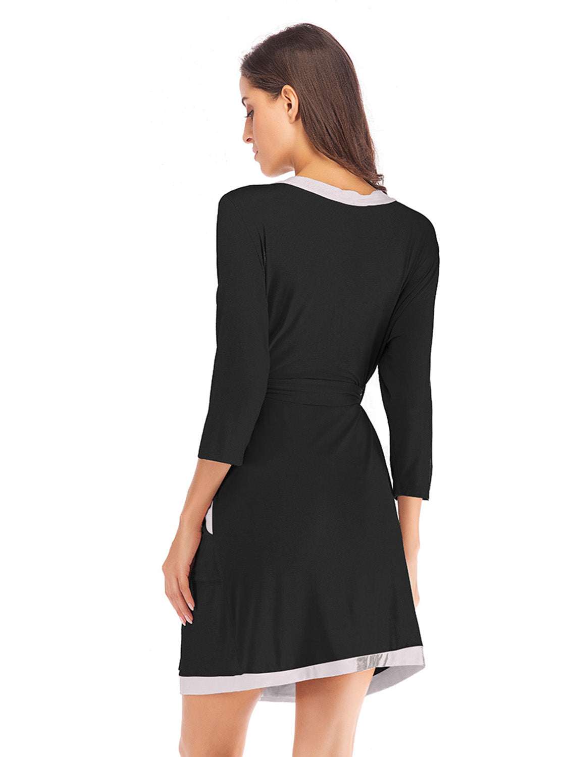 Tie waist surplice neck robe with pockets in black, slightly stretchy cotton blend.