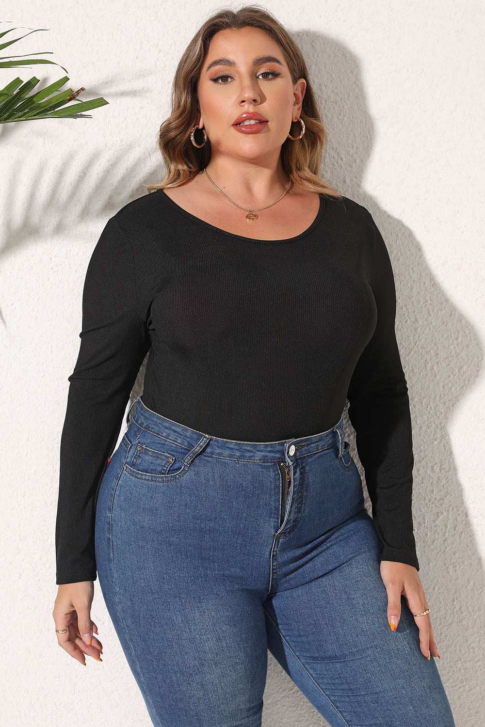 Plus Size Round Neck Long Sleeve Bodysuit  Black