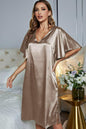 Satin night dress with flutter sleeves, V-neck, and side slit.