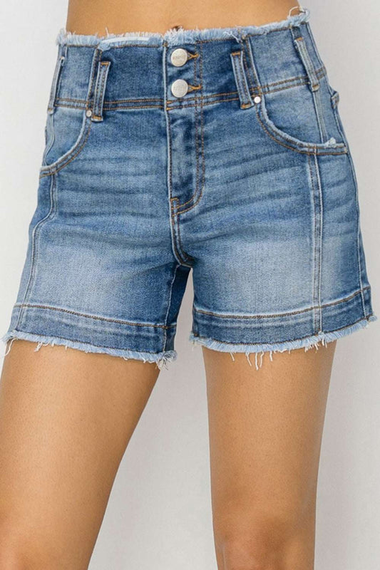 RISEN High Rise Seam Detailed Raw Edge Denim Shorts with pockets and raw hem.