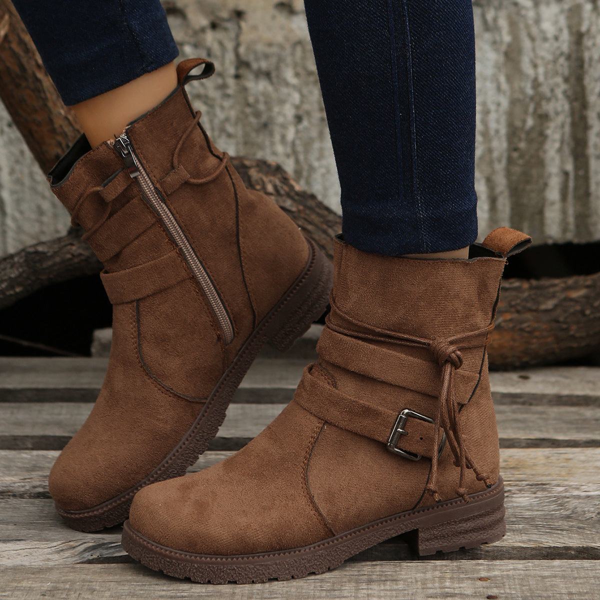 Suede Side Zip Round Toe Boots brown