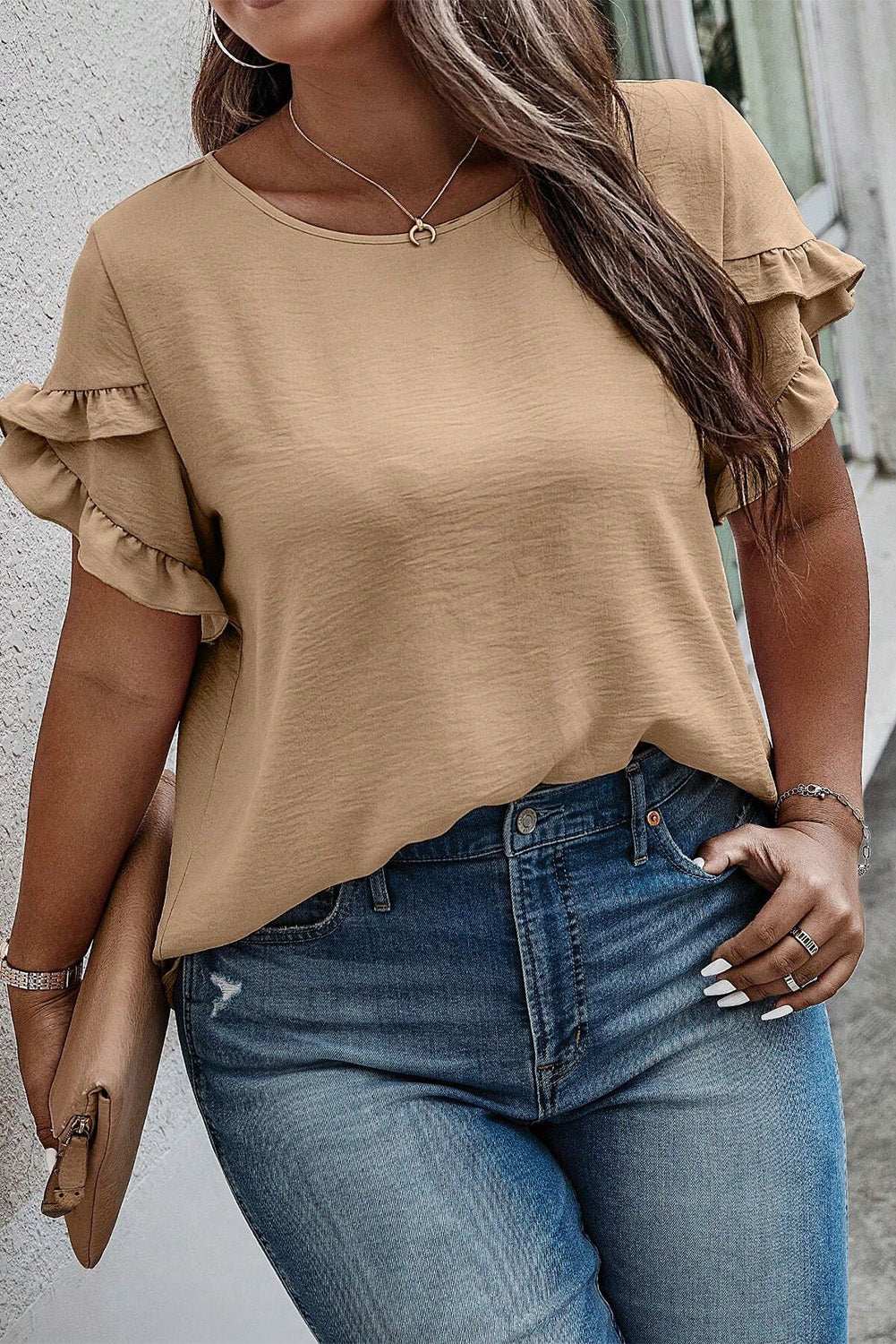 Plus size ruffled petal sleeve round neck t-shirt in beige.