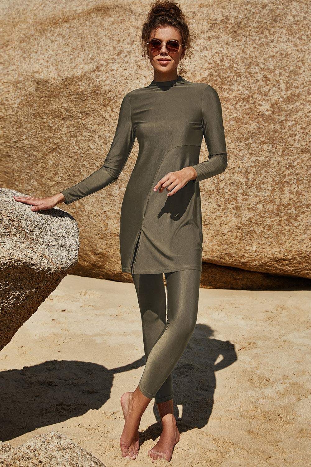 Slit mock neck long sleeve top and pants swim set, two-piece, highly stretchy fabric, beachwear.