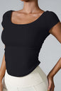 Round neck short sleeve black active T-shirt, highly stretchy nylon and spandex fabric.