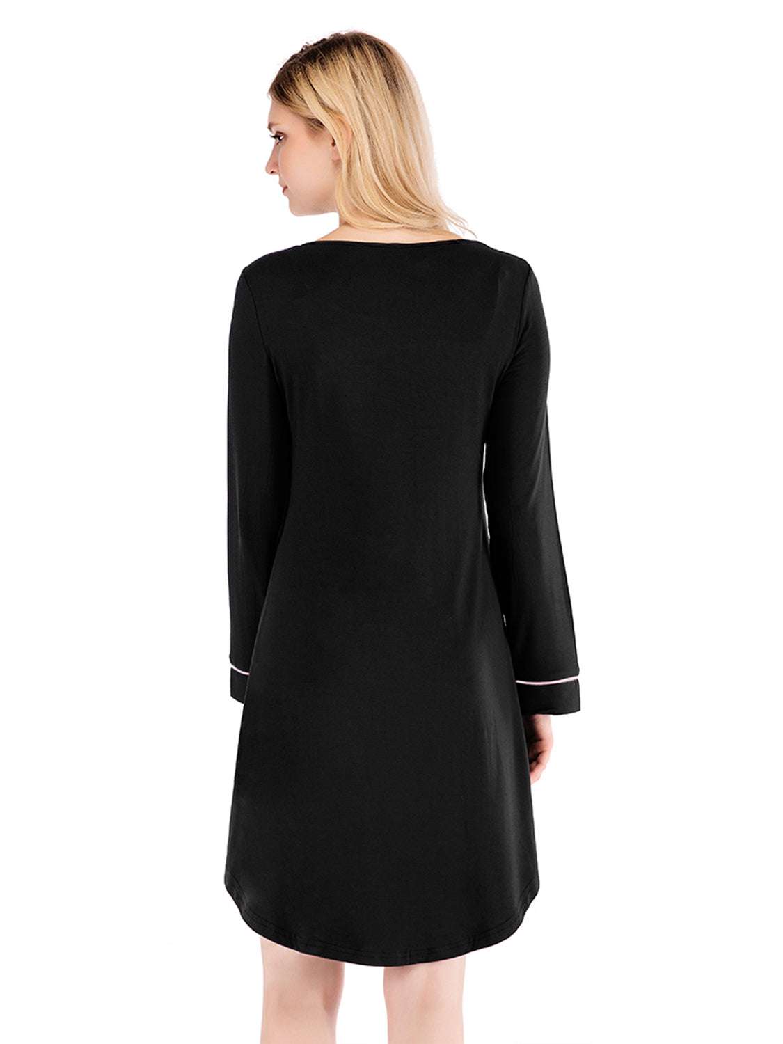 Round neck night dress with pocket, black, basic style, slightly stretchy fabric.