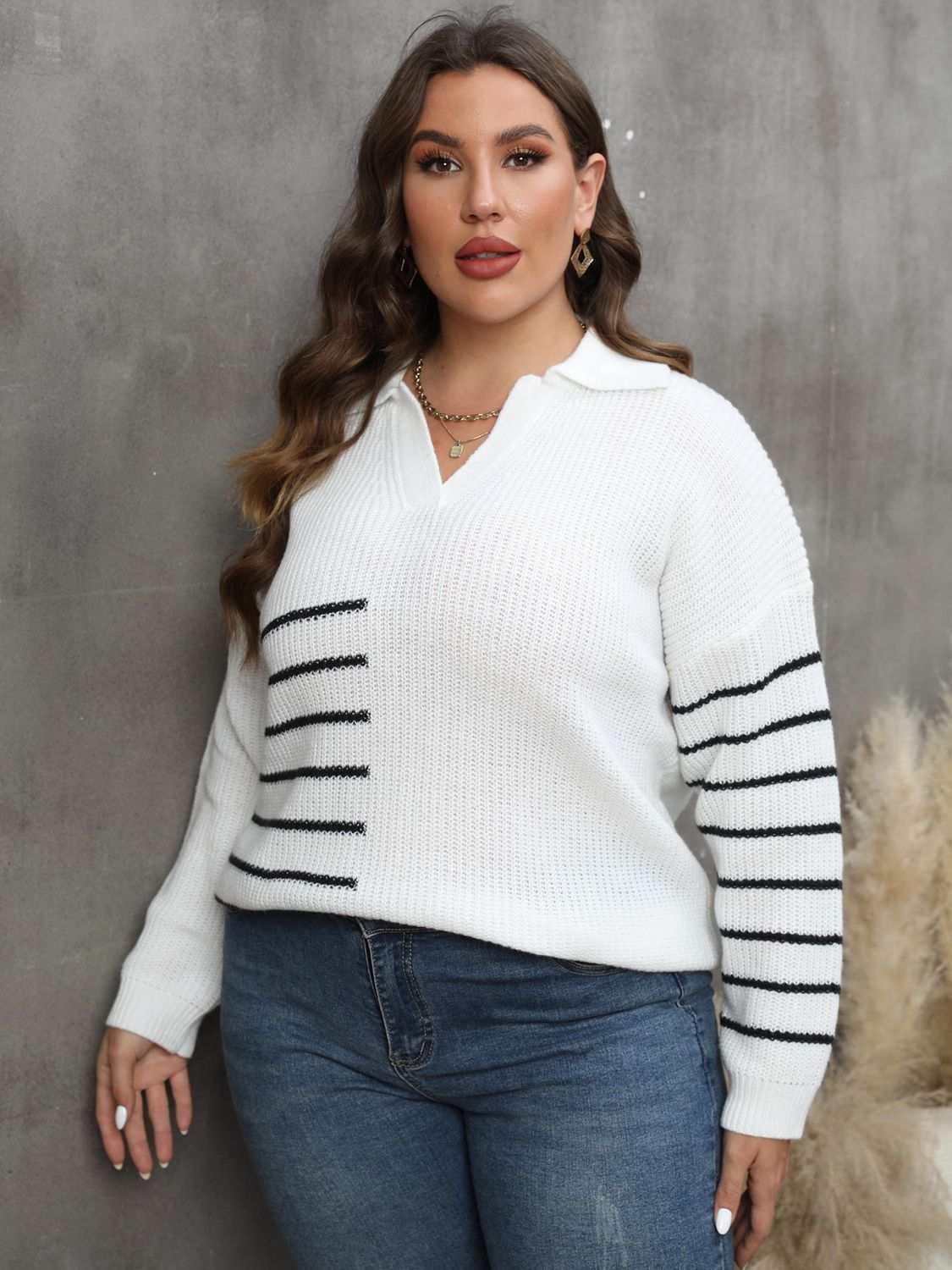 Plus Size Striped V-Neck Sweater with Johnny Collar and Long Sleeves