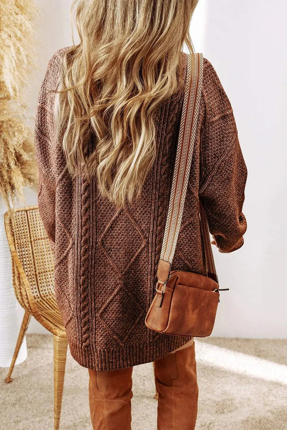 Cable-Knit Round Neck Sweater Dress Taupe