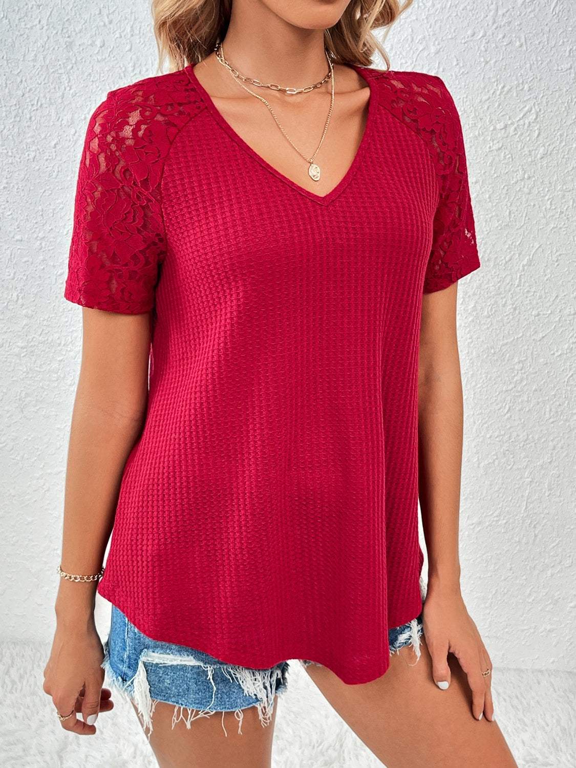 Ivy Lane Lace Detail V-Neck Short Sleeve T-Shirt in red with lace accents.