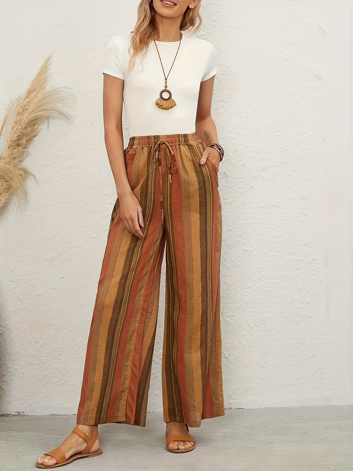 Full Size Drawstring Striped Wide Leg Pants