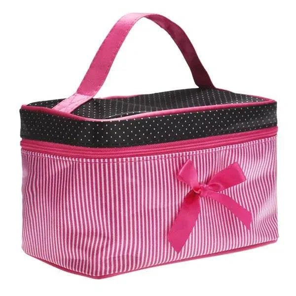 Pink striped cosmetic bag with bow, polyester material, zipper closure, perfect for makeup storage and travel.