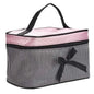 Striped cosmetic bag with bow, zipper closure, and handle for makeup and toiletry storage.