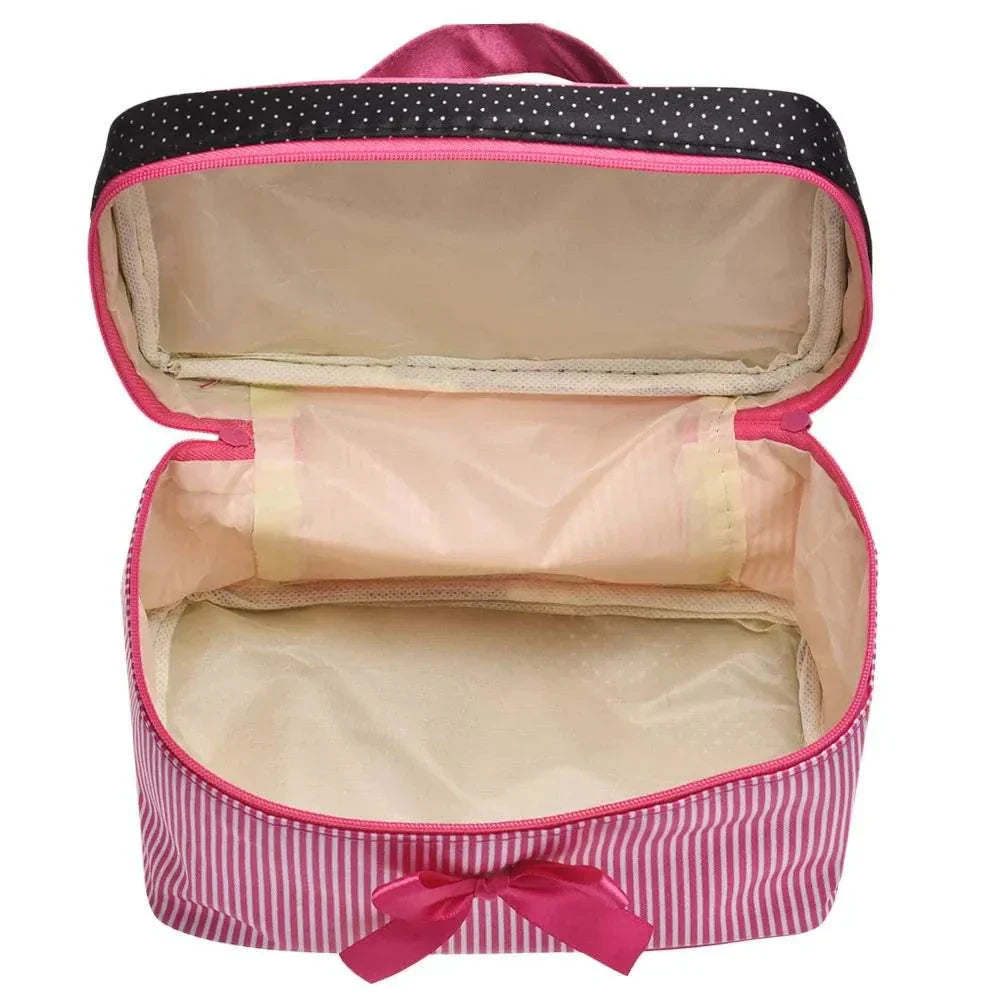 Striped cosmetic bag with bow, open view showing interior compartments, polyester material, ideal for travel and beauty storage.