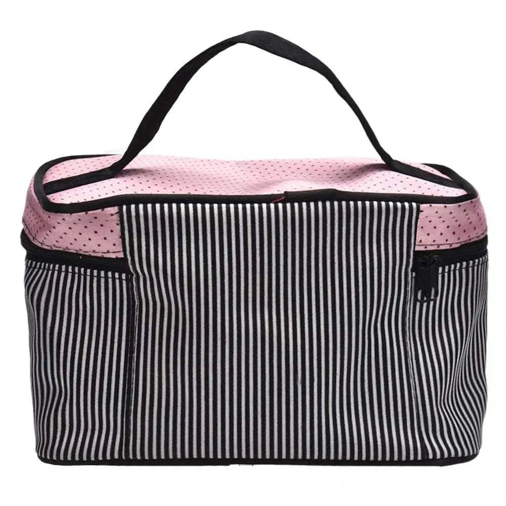 Striped makeup bag with handle, ideal for travel and toiletry storage, made of polyester with a zipper closure.