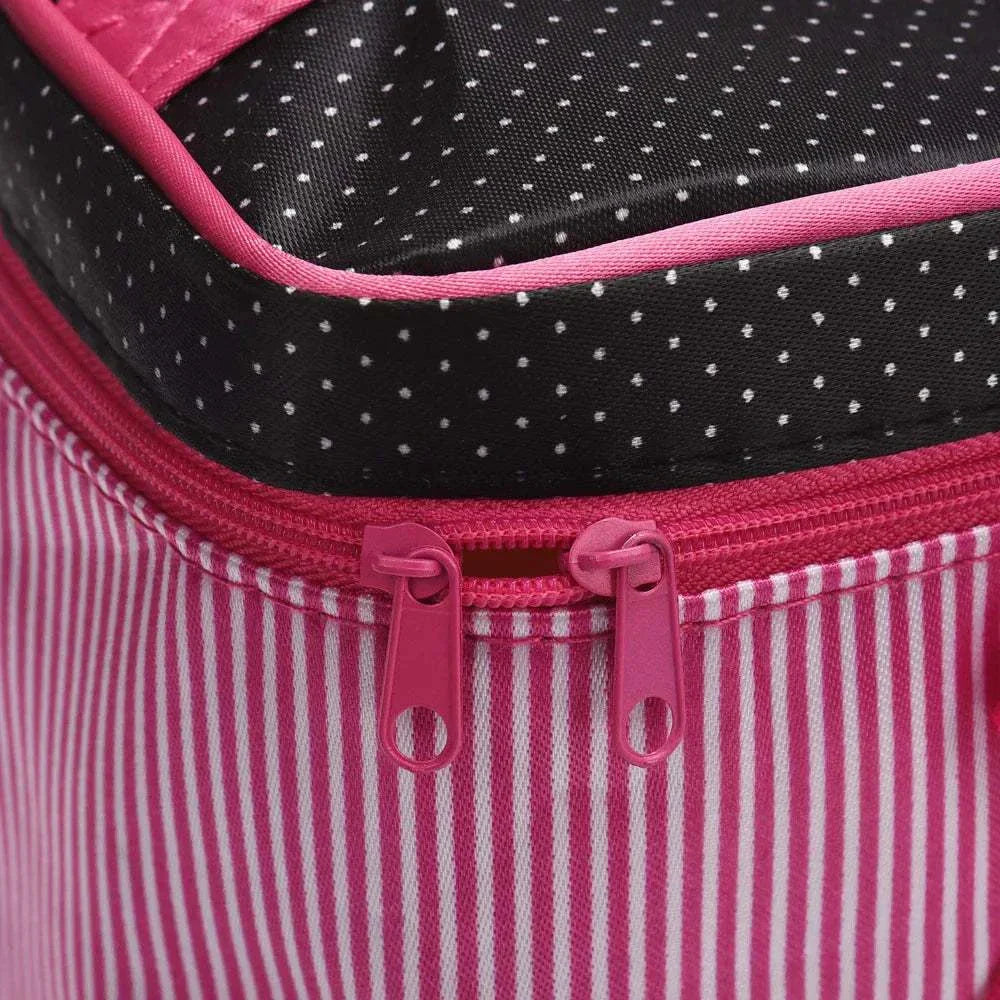 Striped makeup bag with pink zipper, ideal for organizing cosmetics and toiletries.