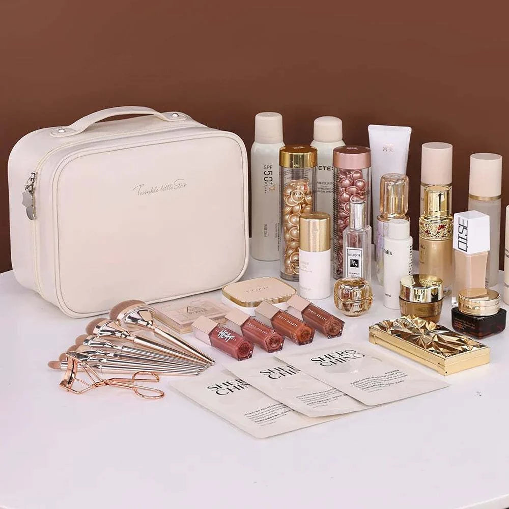 Women PU Leather Double Layer Travel Makeup Clear Cosmetic Bag with multiple compartments and zipper, shown with toiletry items.