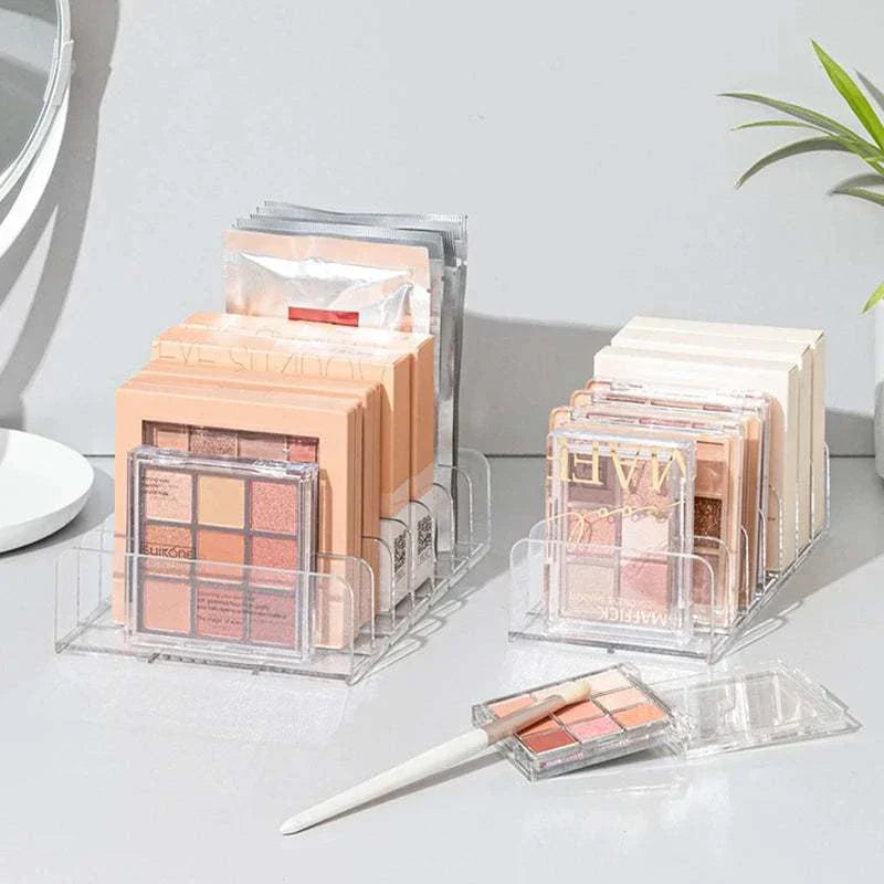 Makeup organizer desktop display box with 7 compartments for blush and cosmetics, transparent plastic storage tray for eye shadow.