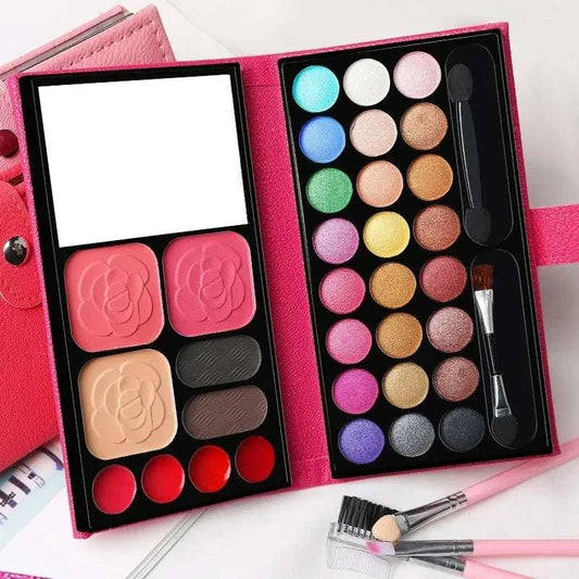 33-color makeup set with eyeshadow, blush, and lipstick; includes mirror; ideal for beginners; portable travel palette.