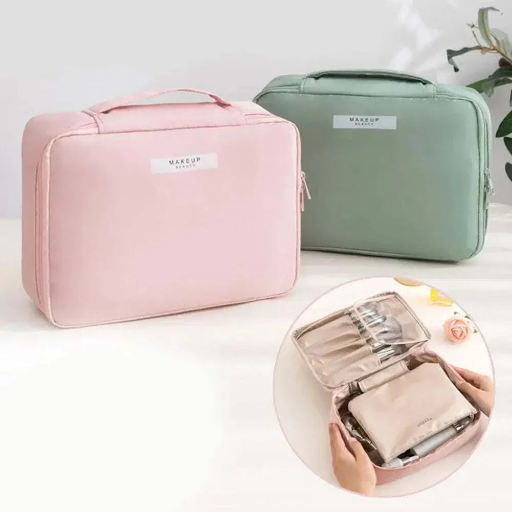 Portable waterproof cosmetic bag in pink and green for makeup and toiletries storage.