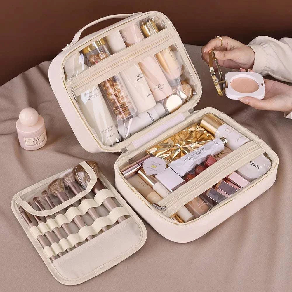 Women PU leather double layer travel makeup wash clear cosmetic bag with zipper, multi-compartment waterproof toiletry organizer.