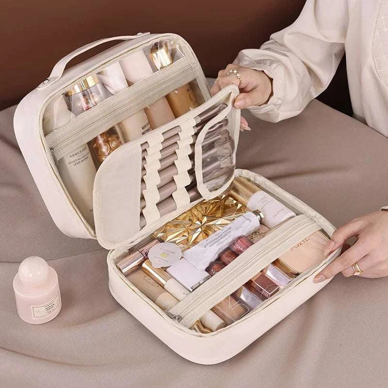 Women PU leather double layer travel makeup wash clear cosmetic bag with zipper, multi-compartment waterproof toiletry organizer.