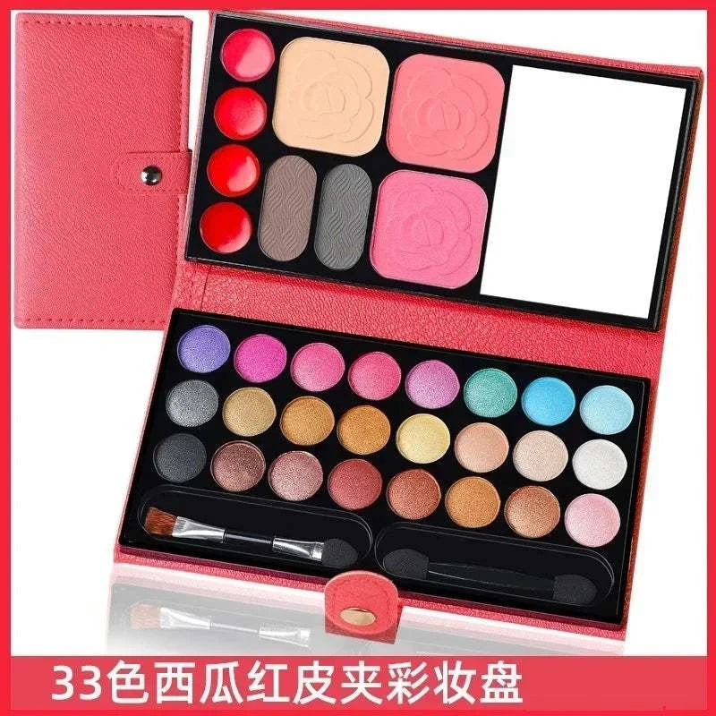 33 colors makeup set with eye shadow, powder, blush, lipstick, and mirror in portable palette for beginners.