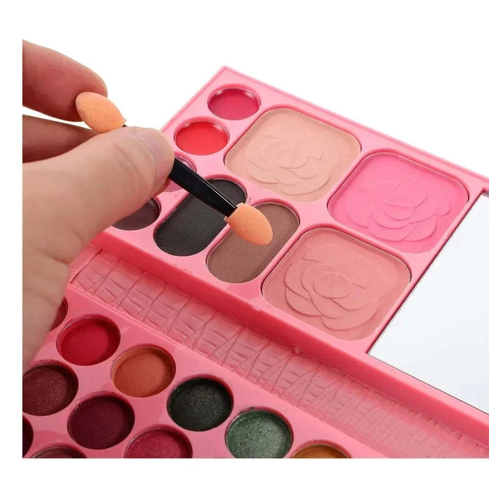 Makeup set with mirror, featuring 33 colors of eyeshadow, blush, and lipstick, ideal for beginners and travel.