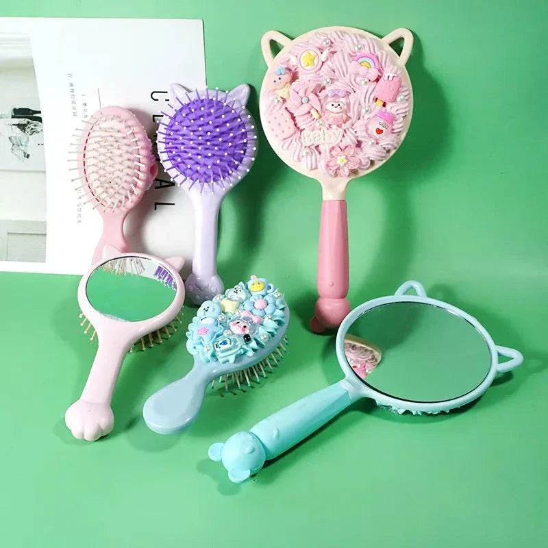 Portable airbag comb mirror set with DIY accessories for girls' makeup.