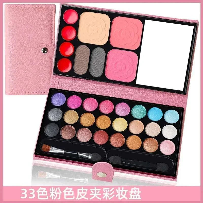 33-color makeup set with eyeshadow, blush, lipstick, and mirror, portable palette for beginners.