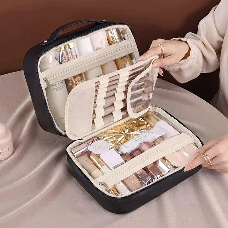 Women PU leather double layer travel makeup bag with zipper, clear cosmetic organizer, waterproof toiletry bag.