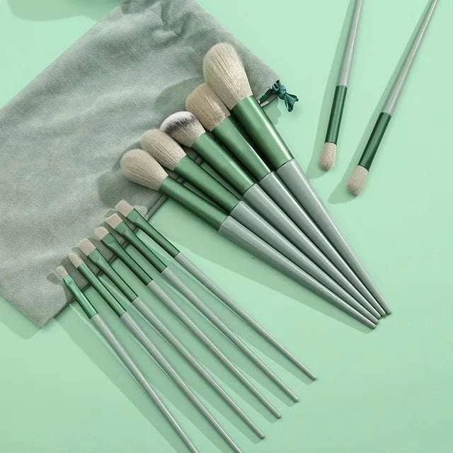 13-piece professional makeup brush set with super soft wool fiber bristles, ideal for applying powder, blush, foundation, concealer, and more; includes a storage bag.