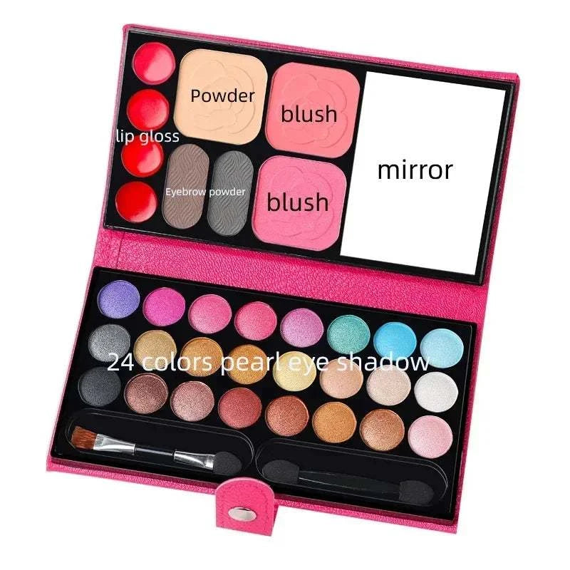 33 colors makeup set with eyeshadow, powder, blush, lipstick, and mirror in travel-friendly palette for beginners.