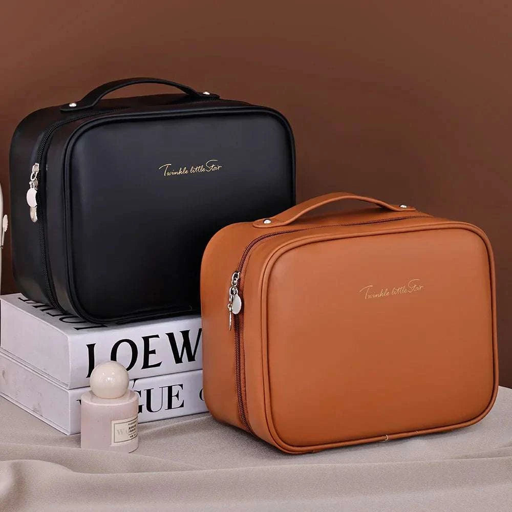 Women PU leather double layer travel makeup wash clear cosmetic bag with zipper, multi-compartment toiletry organizer in black and brown.