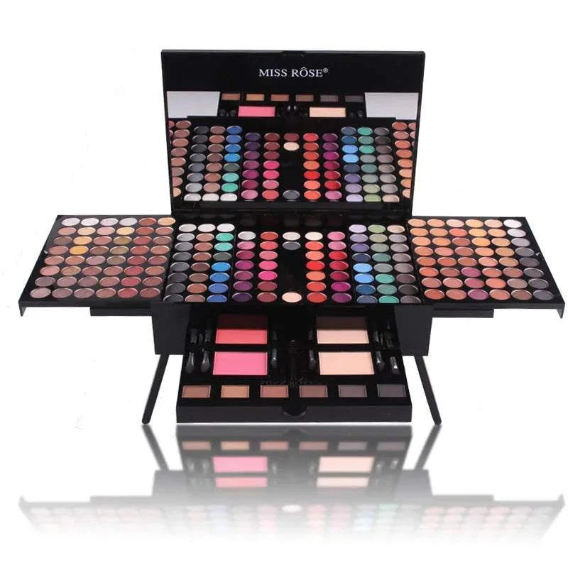 Miss Rose Professional Makeup 194 color palette with matte and shimmer shades, foundation, powder, blush, and eyebrow contouring kit.