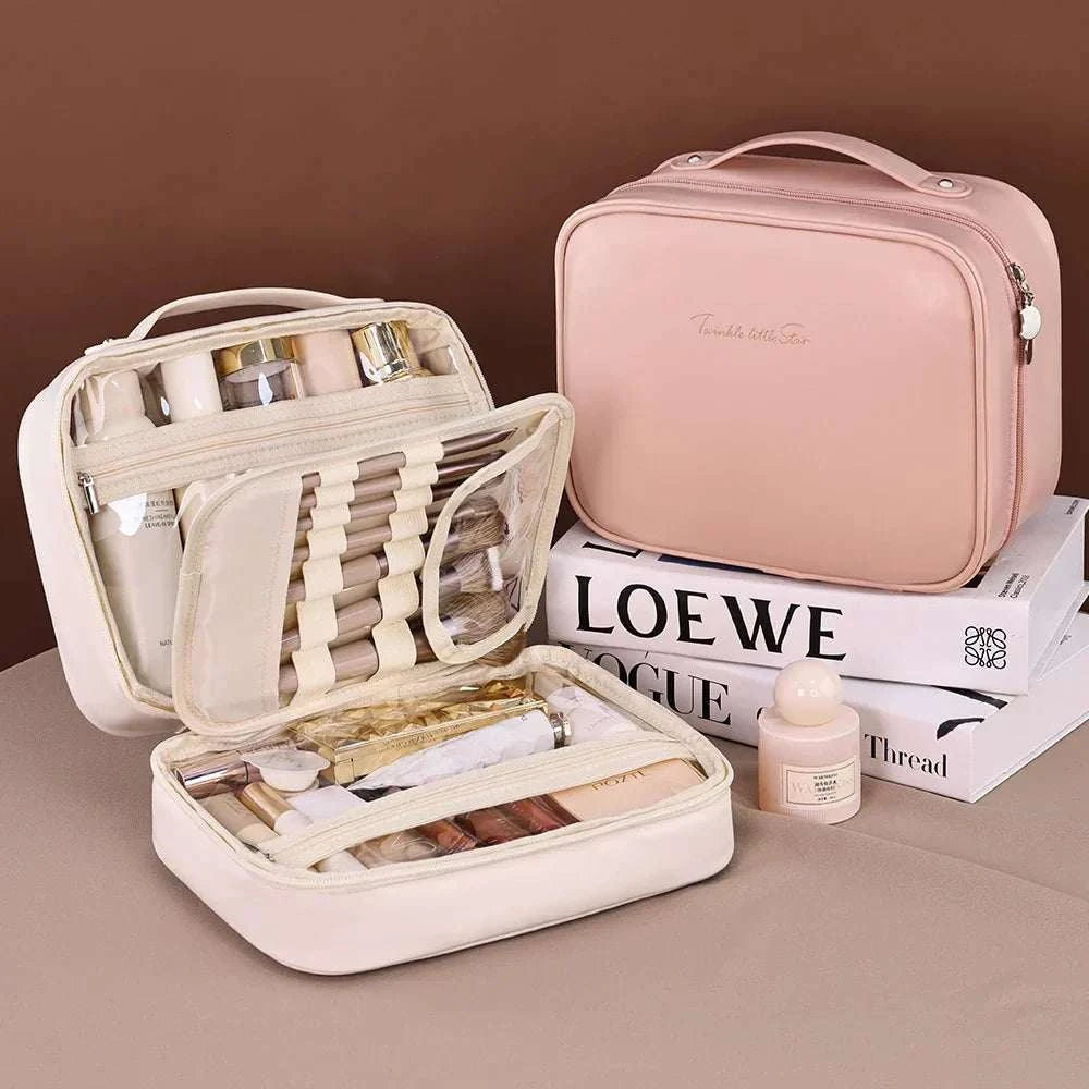 Women PU leather double layer travel makeup bag with zipper, multi-compartment organizer, beige and pink.