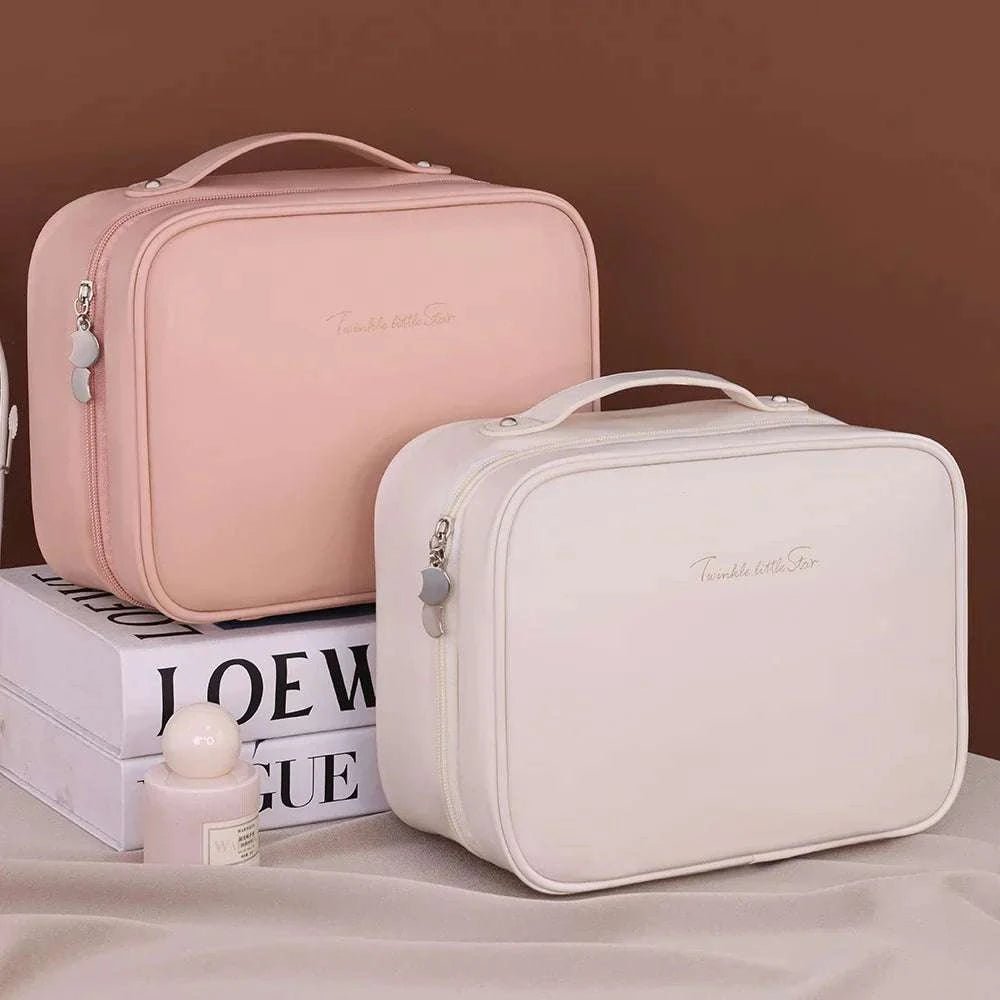 Women PU Leather Double Layer Travel Makeup Wash Bag, Clear Cosmetic Organizer with Zipper, Multi-Compartment, Waterproof Toiletry Bag.