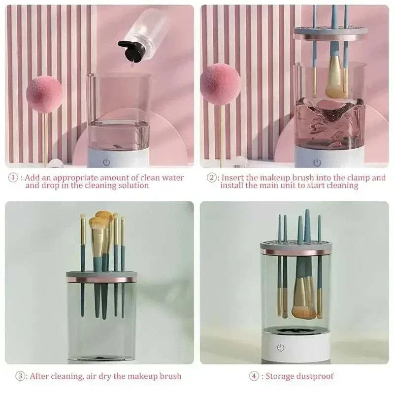 Electric makeup brush cleaner machine demonstrating super-fast cleaning process for deep cleansing makeup brushes.