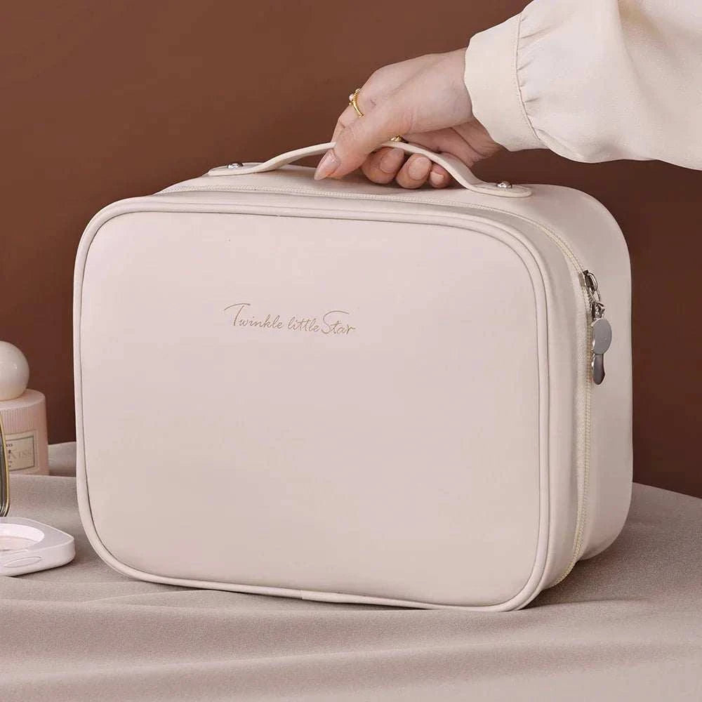 Women PU leather double layer travel makeup wash clear cosmetic bag with zipper and compartments.