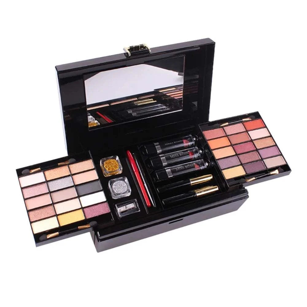 MISS ROSE professional makeup set box with eyeshadow, lip gloss, foundation, blush, and powder.