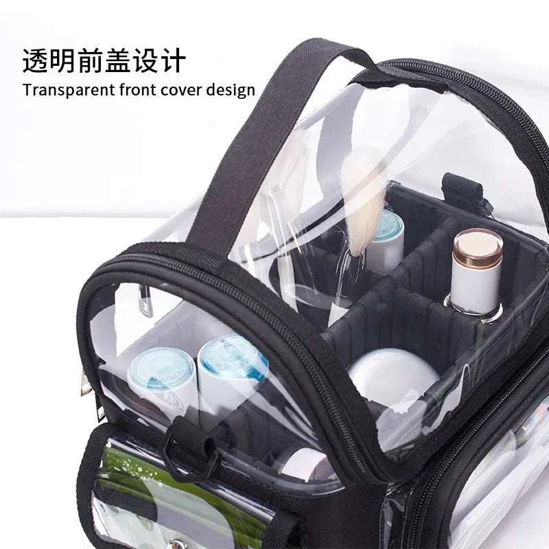 Large capacity makeup brush storage bag with transparent front cover, ideal for hair stylists and artists.