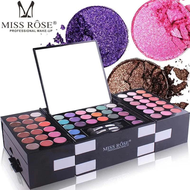 Miss Rose Professional Makeup 194 Color Matte Shimmer Palette Beauty Kit Box with mirror and multiple shades of eyeshadow, blush, and contouring options.