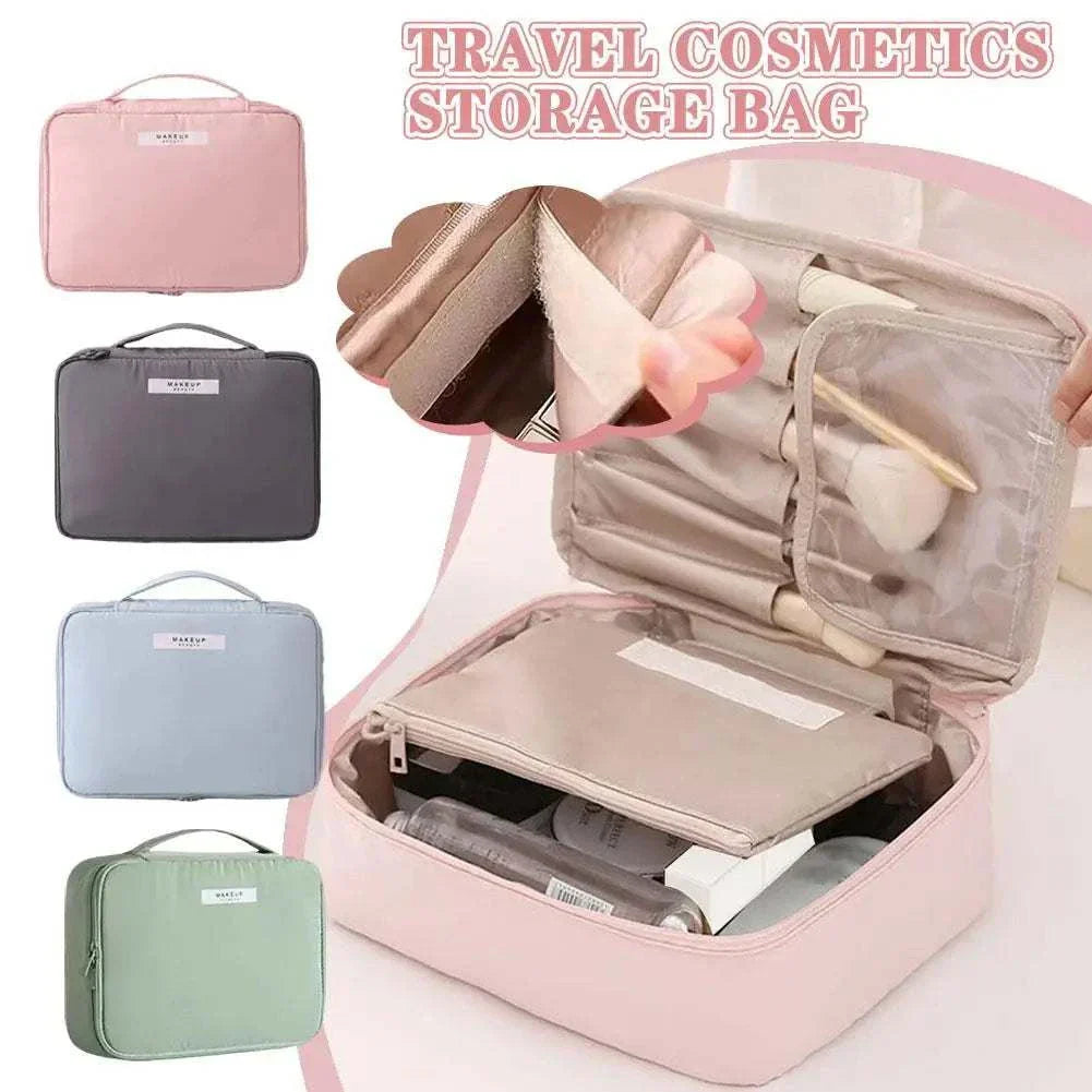 Portable waterproof cosmetic bag and toiletries organizer for women, high capacity makeup storage, various colors.