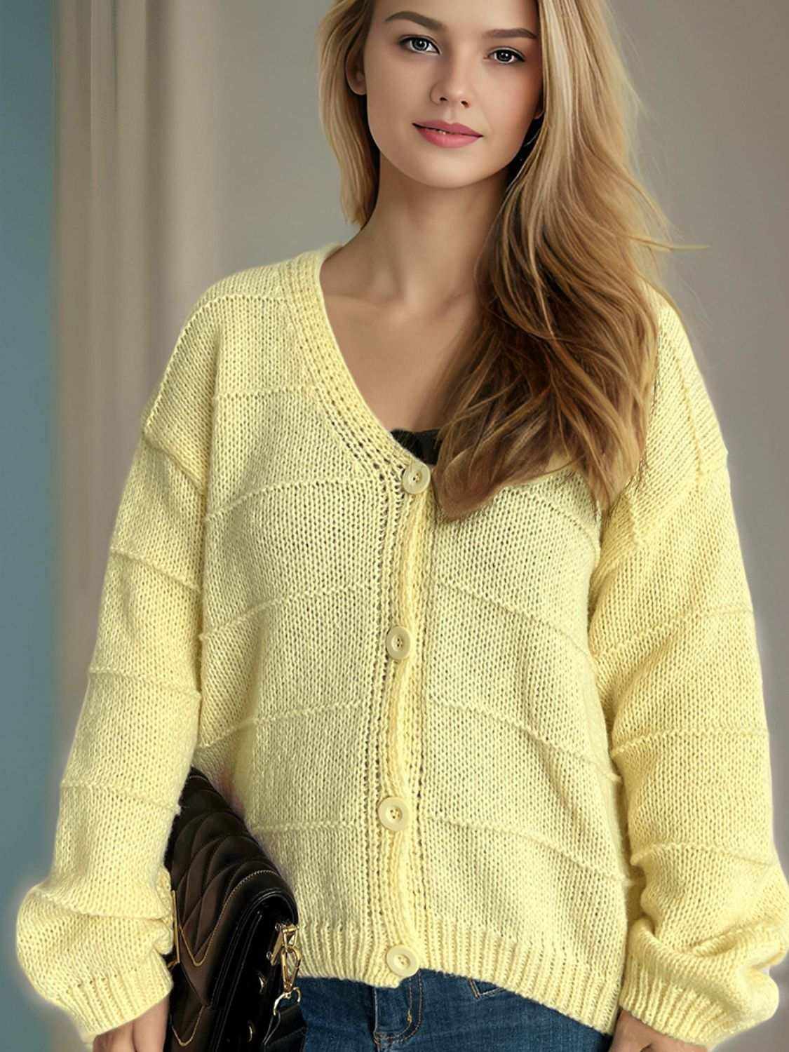 Button down V-neck long sleeve cardigan in yellow, slightly stretchy material.