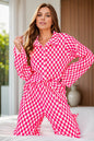 Checkered button up top and pants lounge set in pink and white, two-piece, no stretch, 100% polyester.