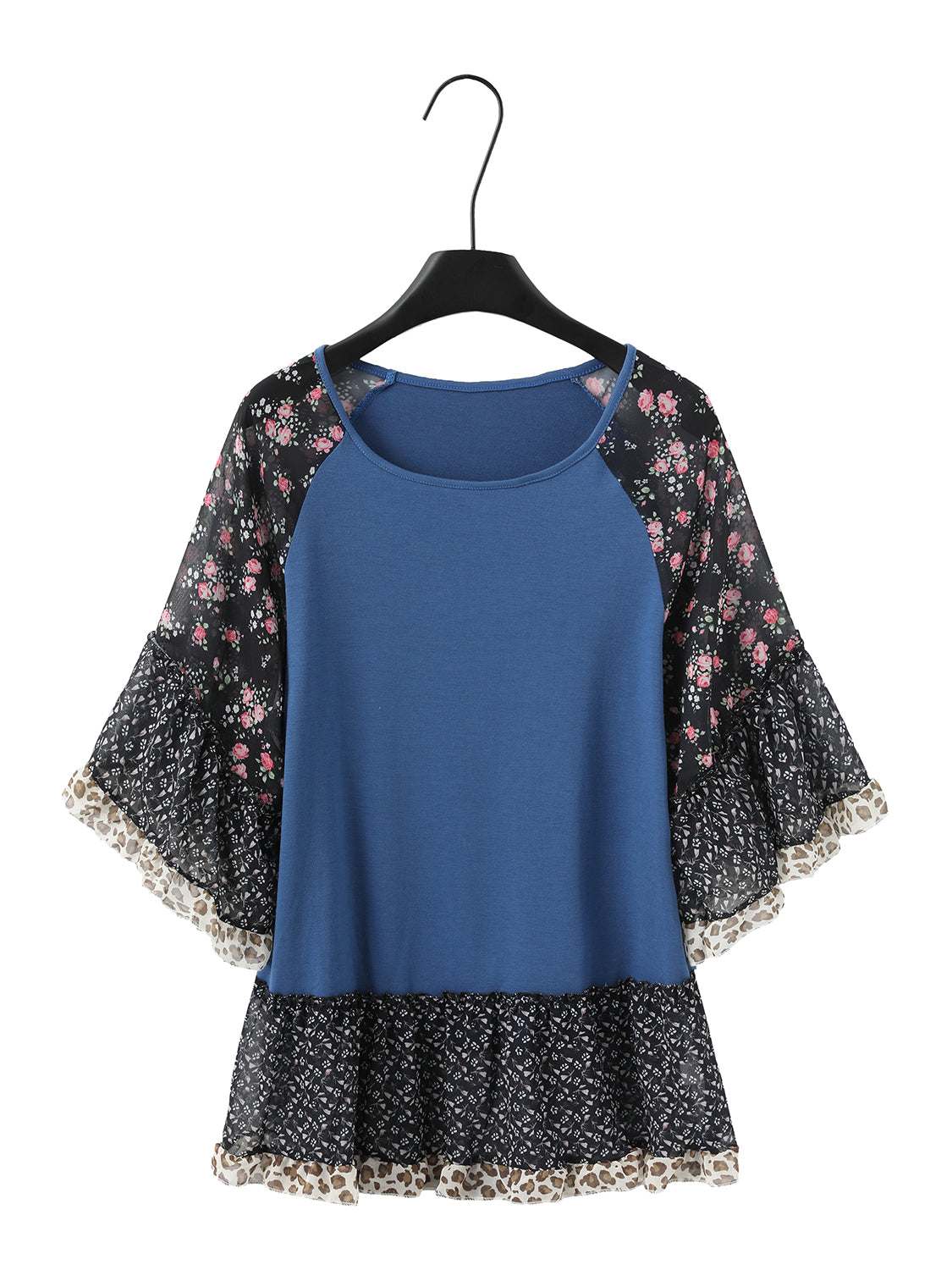 Full Size Frill Printed Round Neck Half Sleeve Blouse on hanger