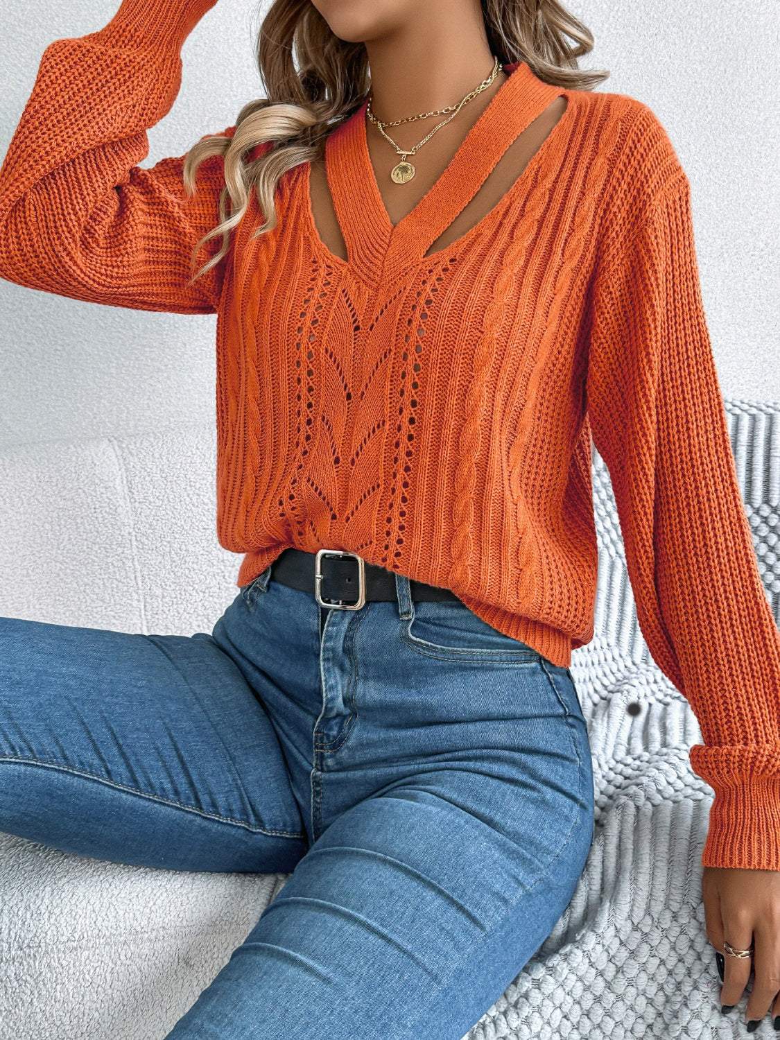 Cutout V-Neck Long Sleeve Sweater Terracotta 