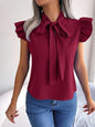 Tie  Neck Cap Sleeve Blouse