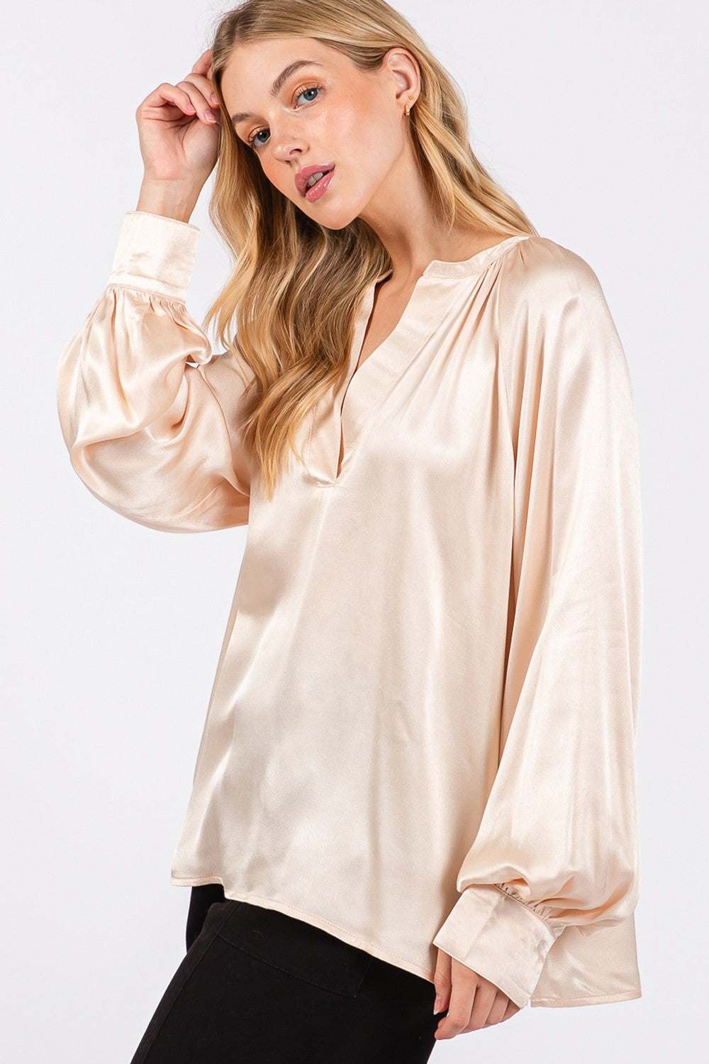 SAGE + FIG Notched Long Sleeve Blouse