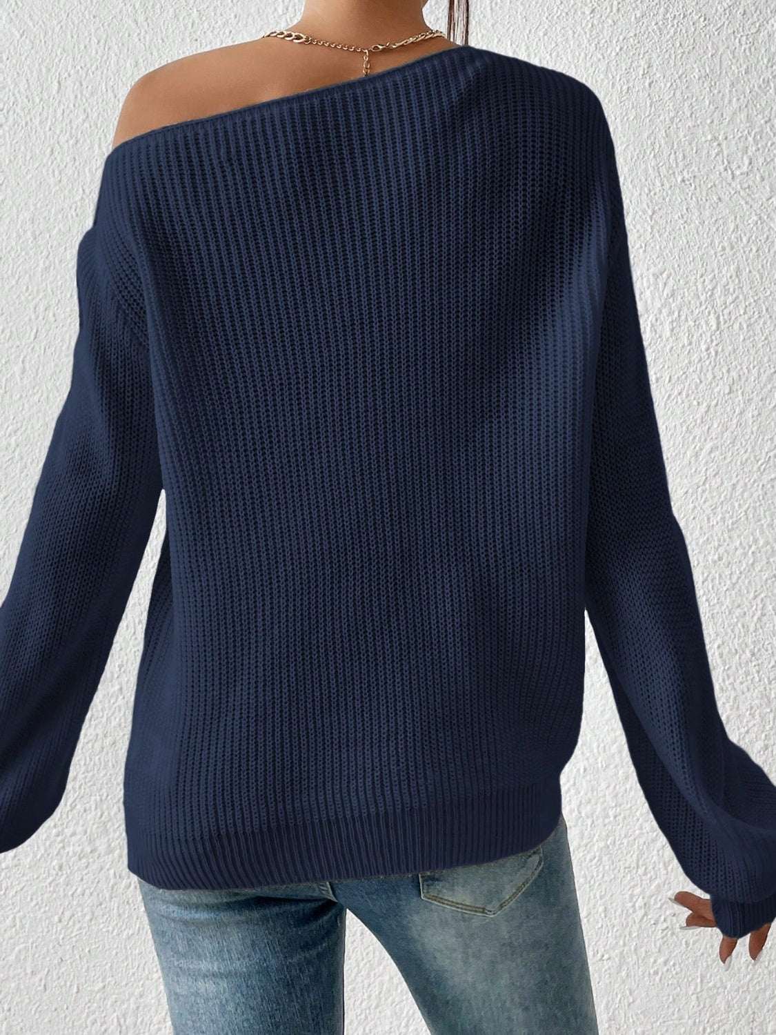 Honey Single Shoulder Long Sleeve Sweater Navy