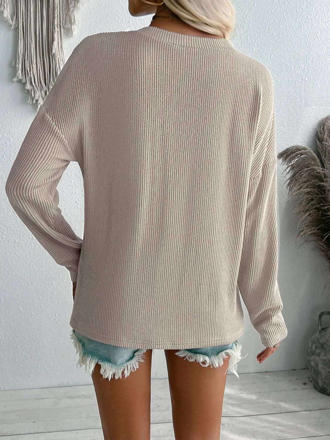 Double Take Pocketed Textured V-Neck Long Sleeve T-Shirt Dust Storm